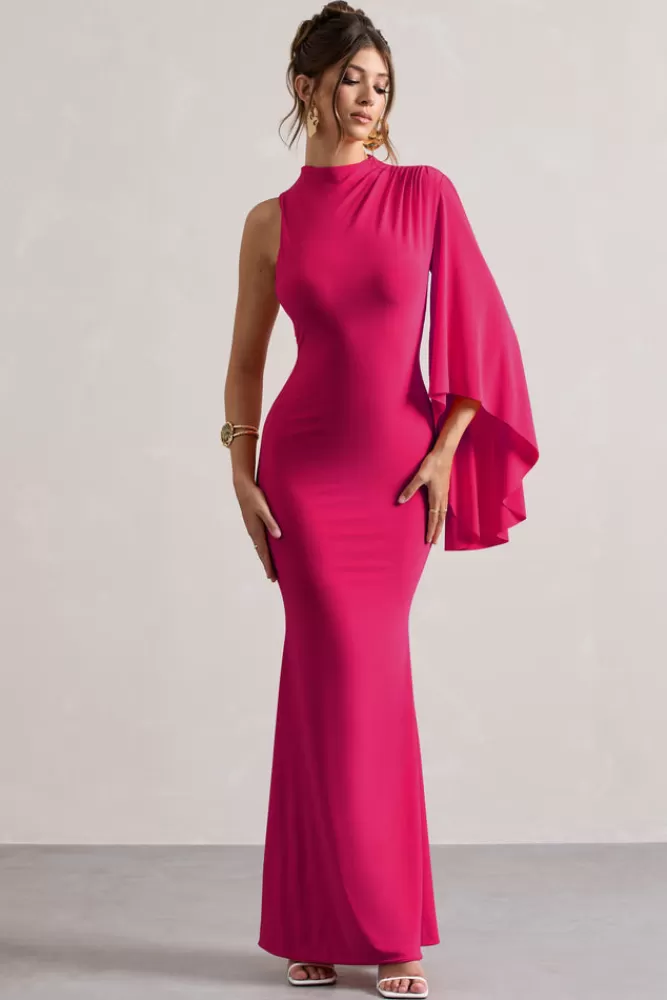 Club L London Samaya | Pink High-Neck Cape-Sleeve Maxi Dress HOTPINK Clearance