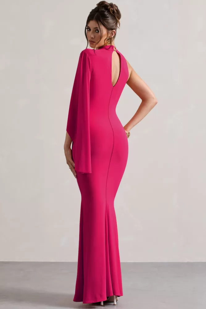 Club L London Samaya | Pink High-Neck Cape-Sleeve Maxi Dress HOTPINK Clearance