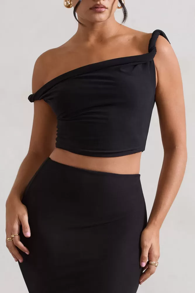 Club L London Sami | Twisted Asymmetric Crop Top BLACK Cheap