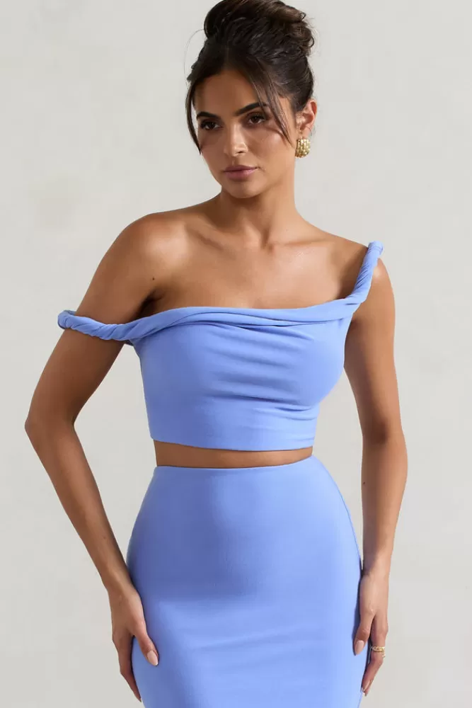 Club L London Sami | Blue Twisted Asymmetric Crop Top COASTLINEBLUE Cheap