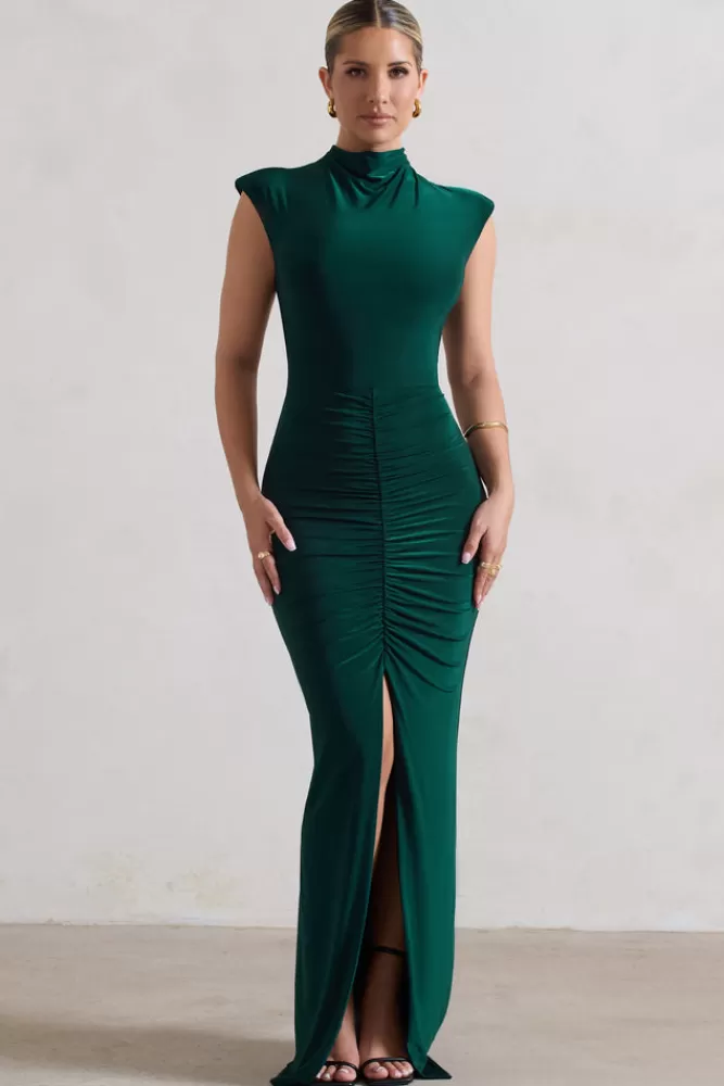 Club L London Samira | Bottle Green Ruched High-Neck Split Maxi Dress BOTTLEGREEN Best