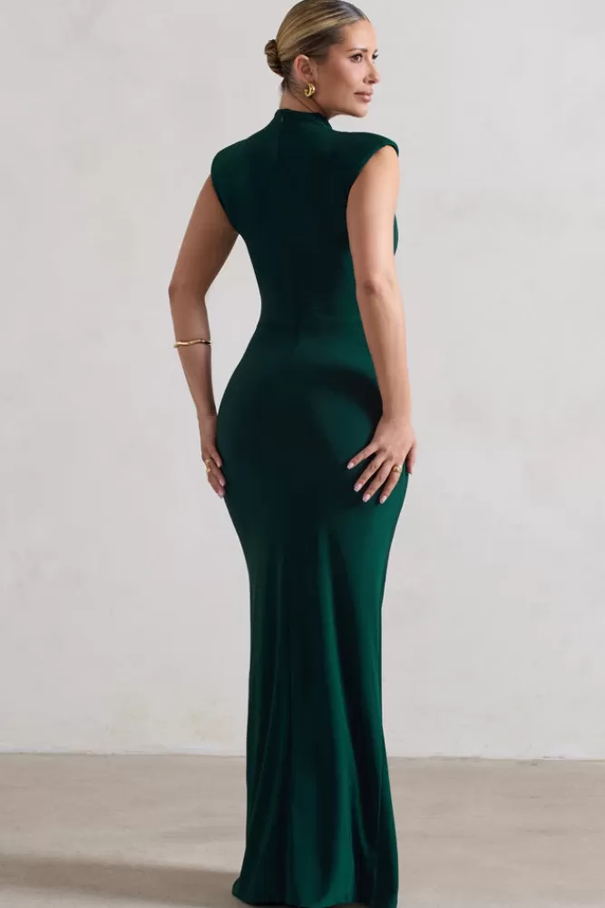 Club L London Samira | Bottle Green Ruched High-Neck Split Maxi Dress BOTTLEGREEN Best