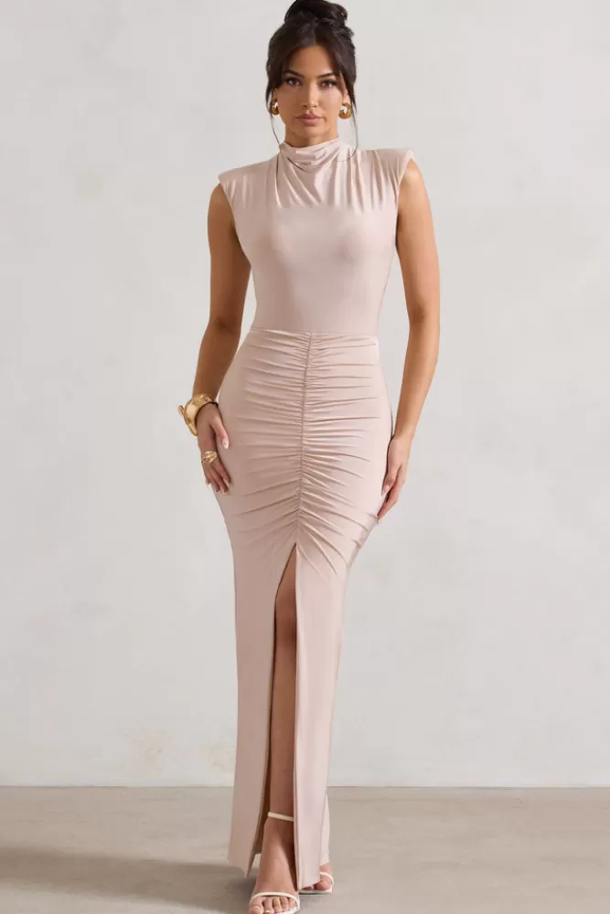 Club L London Samira | Ruched High-Neck Split Maxi Dress CHAMPAGNE Cheap