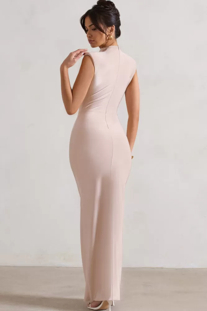 Club L London Samira | Ruched High-Neck Split Maxi Dress CHAMPAGNE Cheap