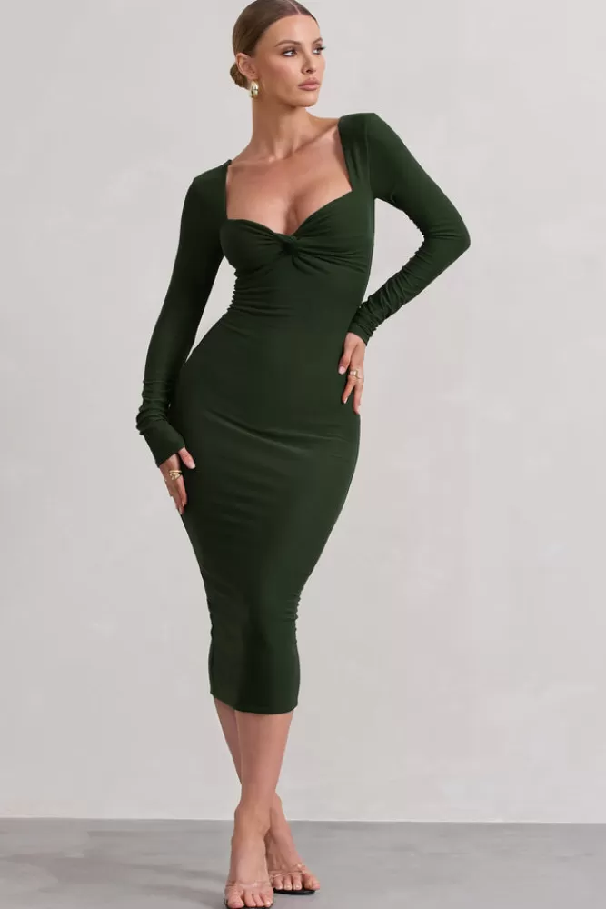 Club L London Sammy | Dark Green Bodycon Sweetheart Midi Dress FORESTGREEN Fashion