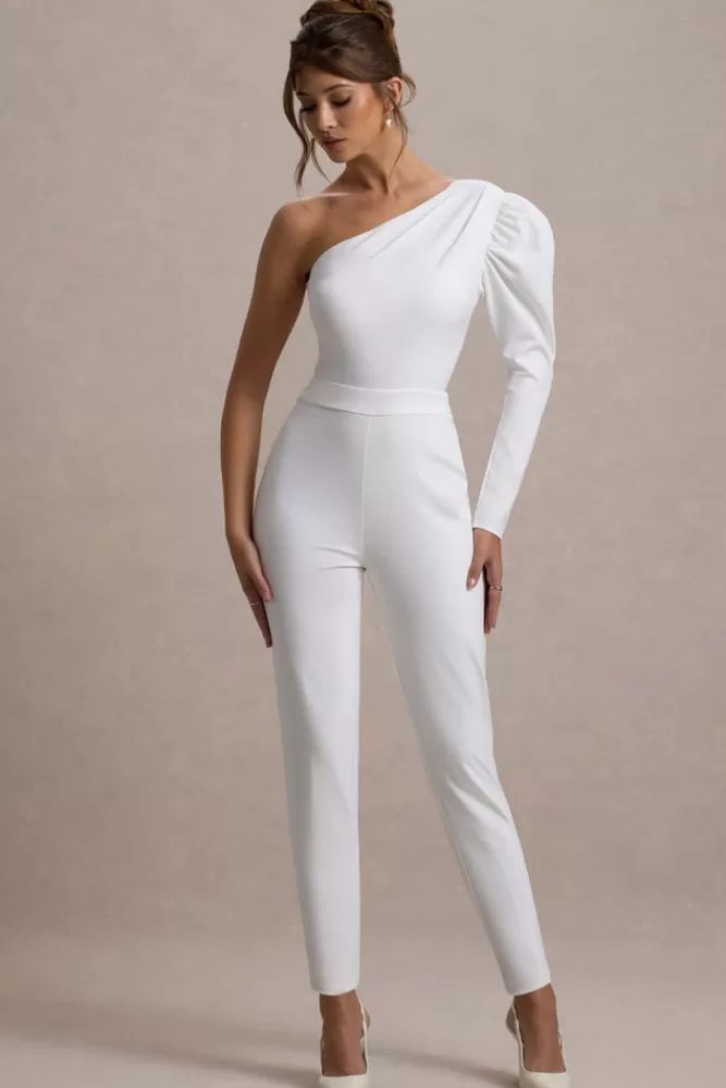 Club L London San Jose | One-Shoulder Puff-Sleeve Jumpsuit WHITE Best Sale