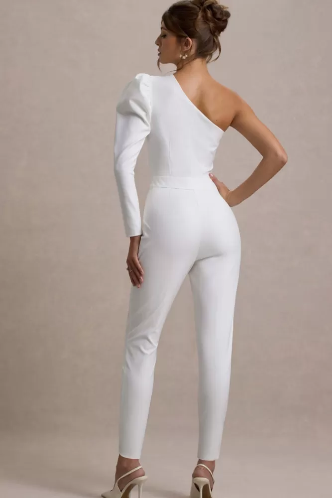 Club L London San Jose | One-Shoulder Puff-Sleeve Jumpsuit WHITE Best Sale