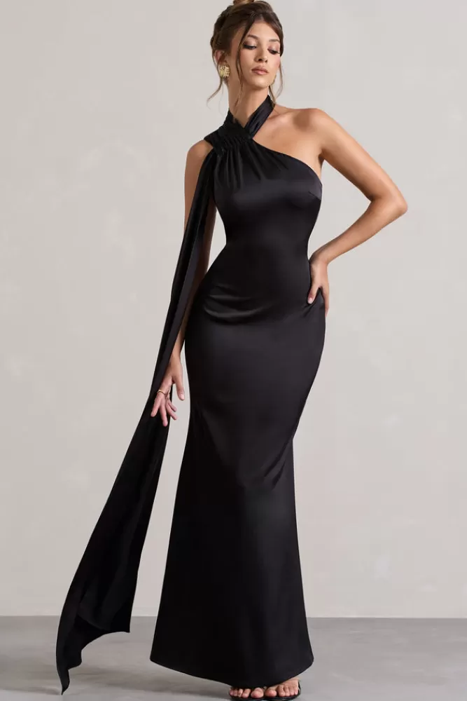 Club L London Sancia | Satin Asymmetric Maxi Dress With Sash BLACK Discount