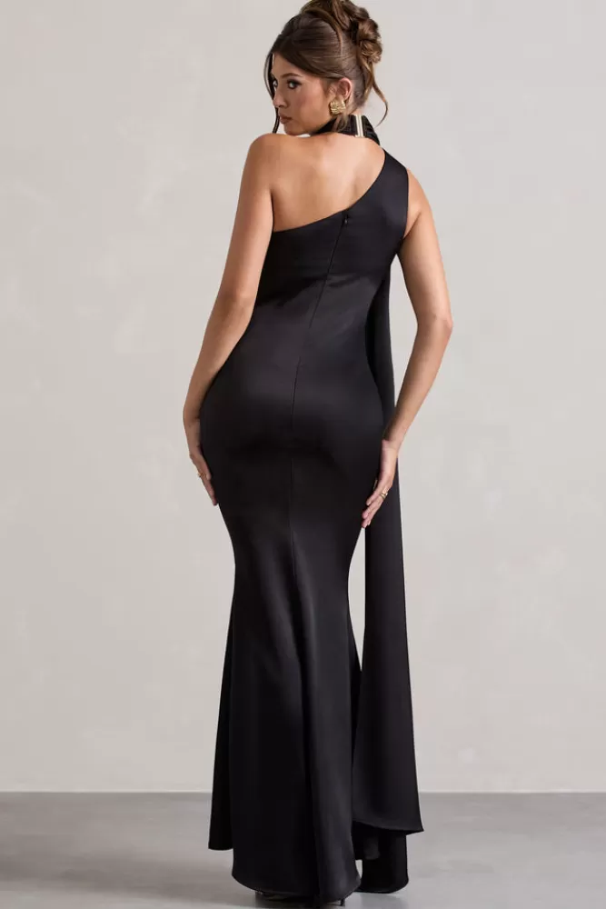 Club L London Sancia | Satin Asymmetric Maxi Dress With Sash BLACK Discount