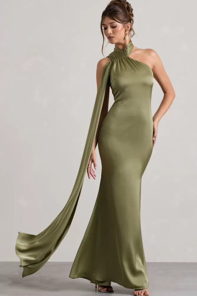 Club L London Sancia | Olive Satin Asymmetric Maxi Dress With Sash OLIVEGREEN Discount