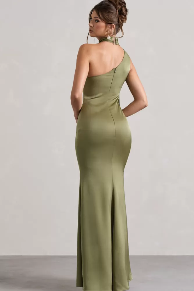 Club L London Sancia | Olive Satin Asymmetric Maxi Dress With Sash OLIVEGREEN Discount