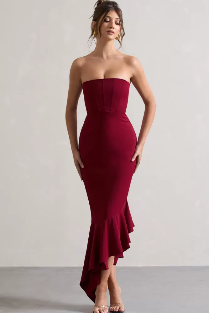 Club L London Sandy | Berry Strapless Corset Asymmetric Maxi Dress DARKCHERRY Fashion