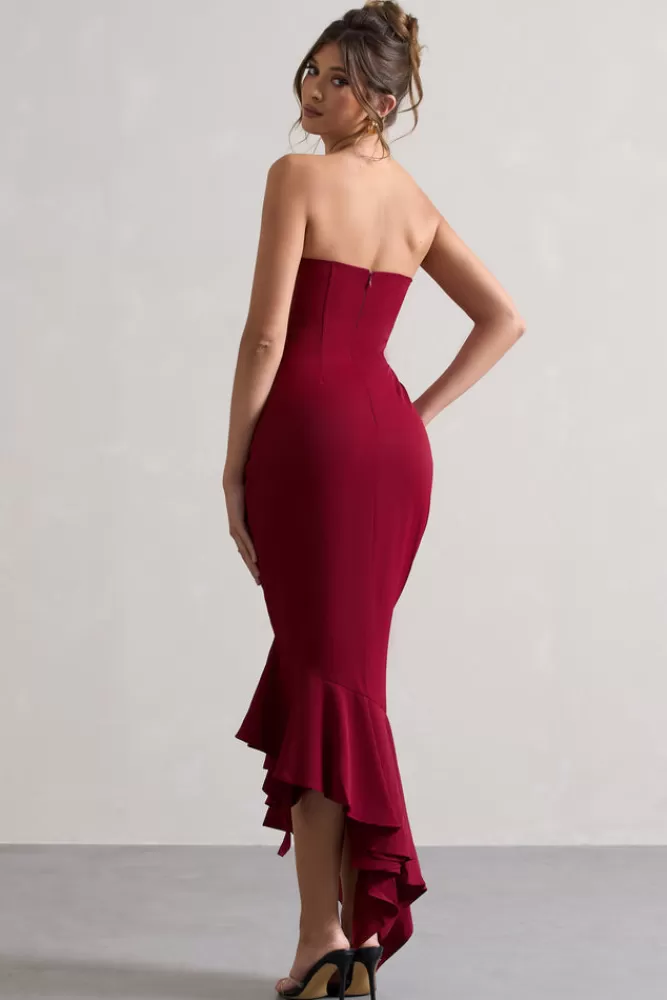Club L London Sandy | Berry Strapless Corset Asymmetric Maxi Dress DARKCHERRY Fashion