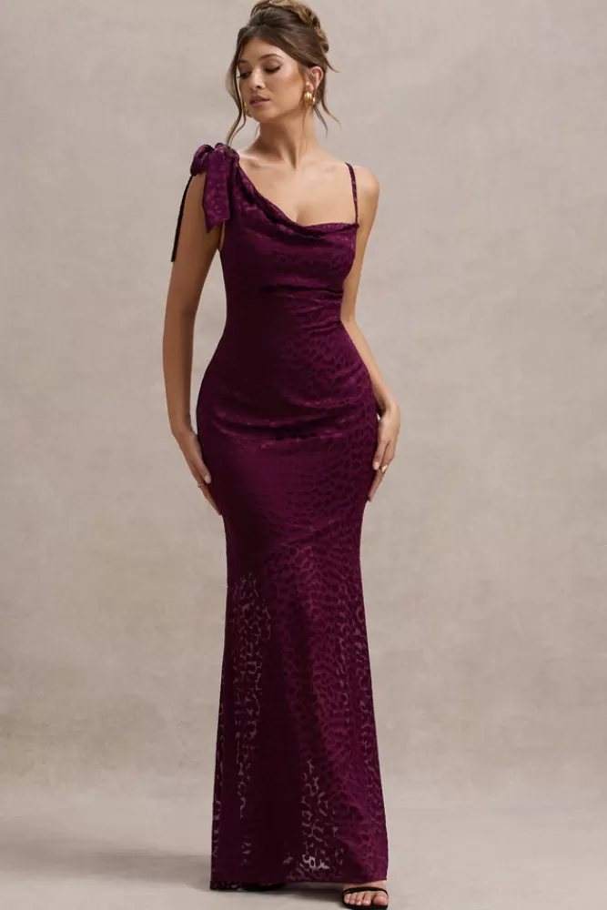 Club L London Sangria | Satin Jacquard Cowl-Neck Maxi Dress BURGUNDY Best Sale