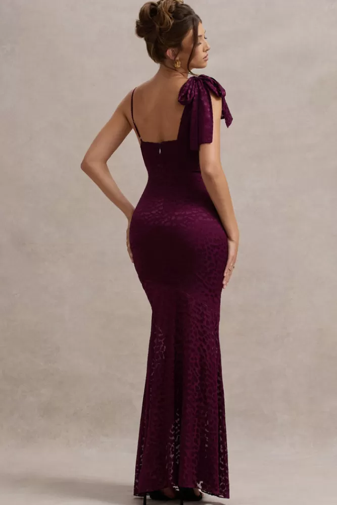 Club L London Sangria | Satin Jacquard Cowl-Neck Maxi Dress BURGUNDY Best Sale