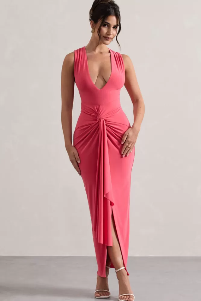 Club L London Santana | Plunge-Neck Split Maxi Dress With Knot Detail CORAL Cheap