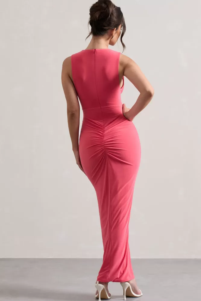 Club L London Santana | Plunge-Neck Split Maxi Dress With Knot Detail CORAL Cheap