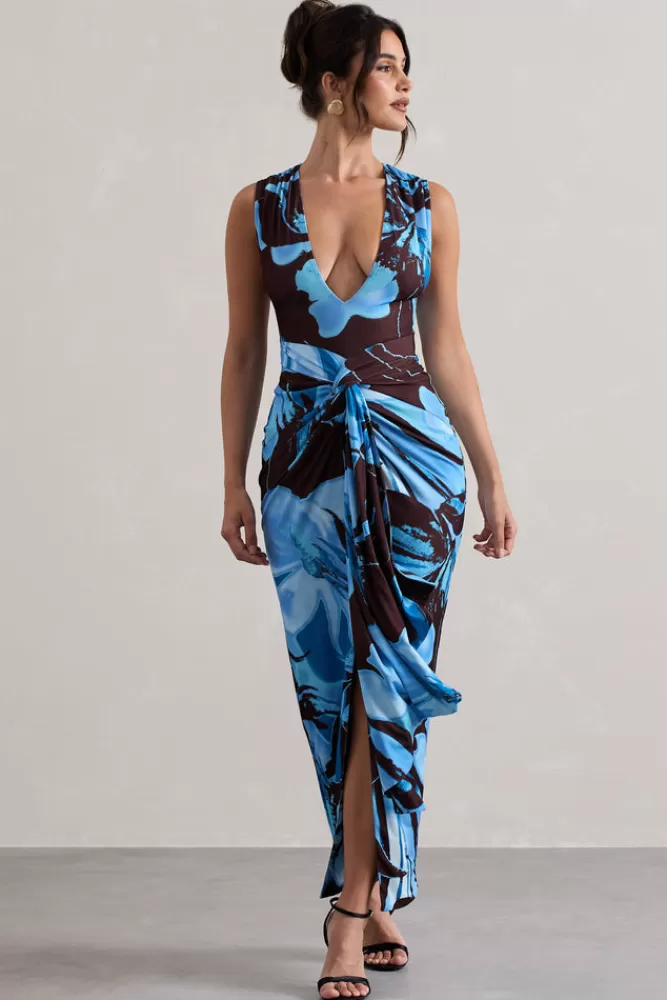 Club L London Santana | Floral Print Plunge-Neck Split Maxi Dress With Knot Detail BLUEIRISPRINT Online