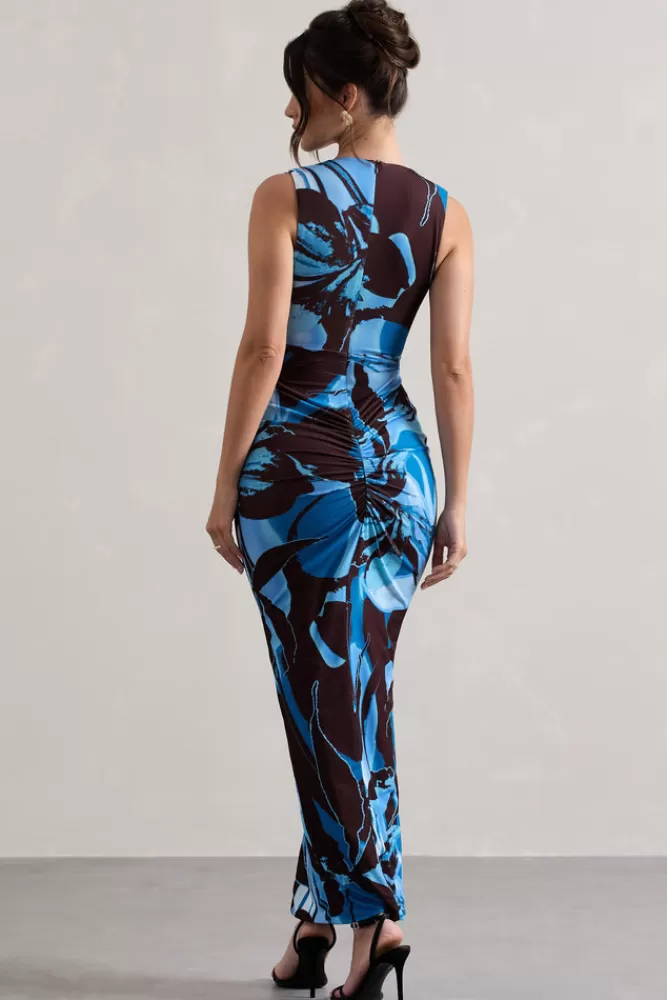 Club L London Santana | Floral Print Plunge-Neck Split Maxi Dress With Knot Detail BLUEIRISPRINT Online