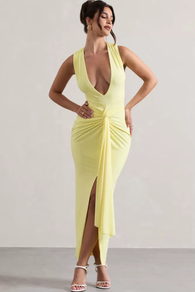 Club L London Santana | Plunge-Neck Split Maxi Dress With Knot Detail LEMON Sale