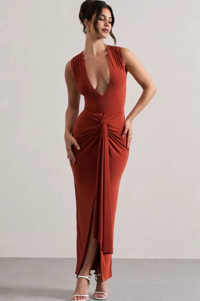 Club L London Santana | Plunge-Neck Split Maxi Dress With Knot Detail TERRACOTTA Fashion