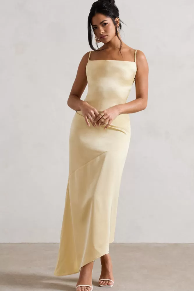 Club L London Santi | Satin Cowl-Neck Asymmetric Maxi Dress LEMON New