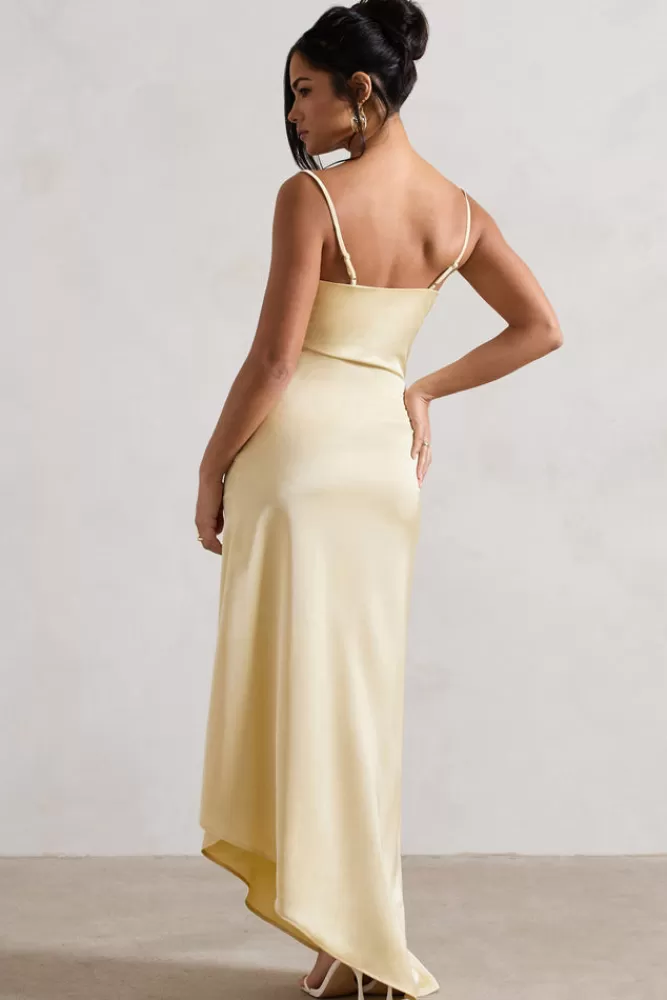 Club L London Santi | Satin Cowl-Neck Asymmetric Maxi Dress LEMON New