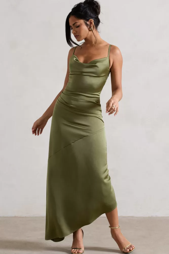 Club L London Santi | Green Satin Cowl-Neck Asymmetric Maxi Dress OLIVE Best