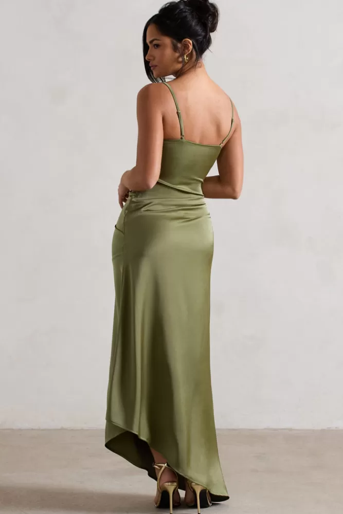 Club L London Santi | Green Satin Cowl-Neck Asymmetric Maxi Dress OLIVE Best