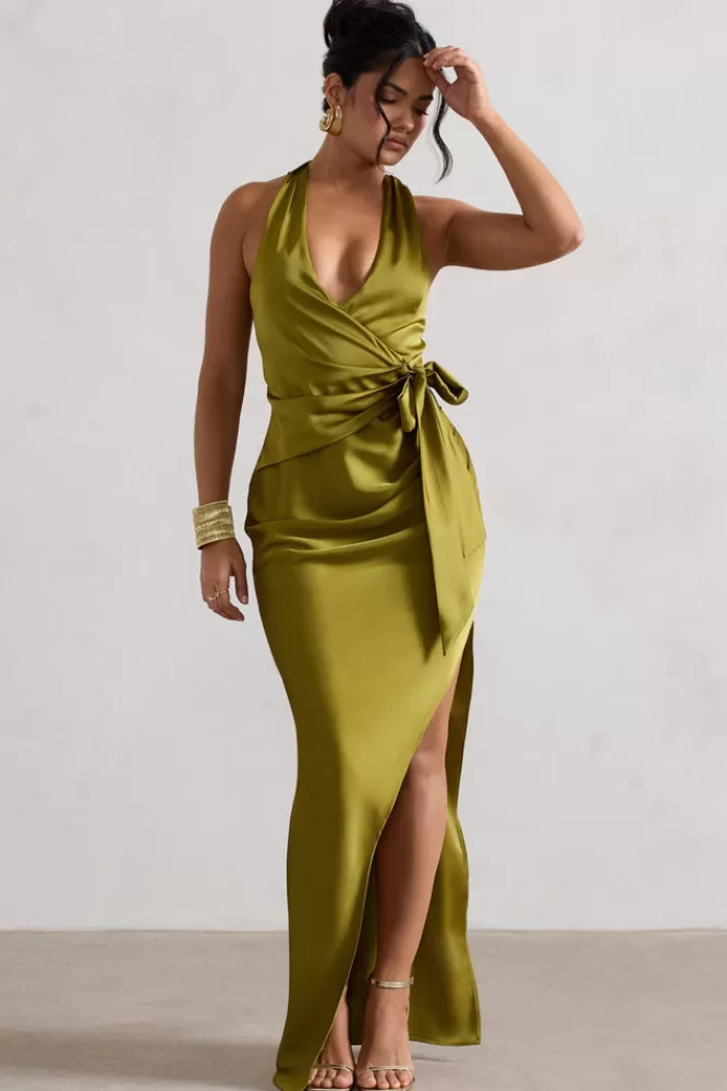 Club L London Santorini | Satin Plunge-Neck Wrap Maxi Dress OLIVE Fashion