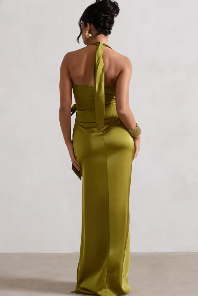 Club L London Santorini | Satin Plunge-Neck Wrap Maxi Dress OLIVE Fashion