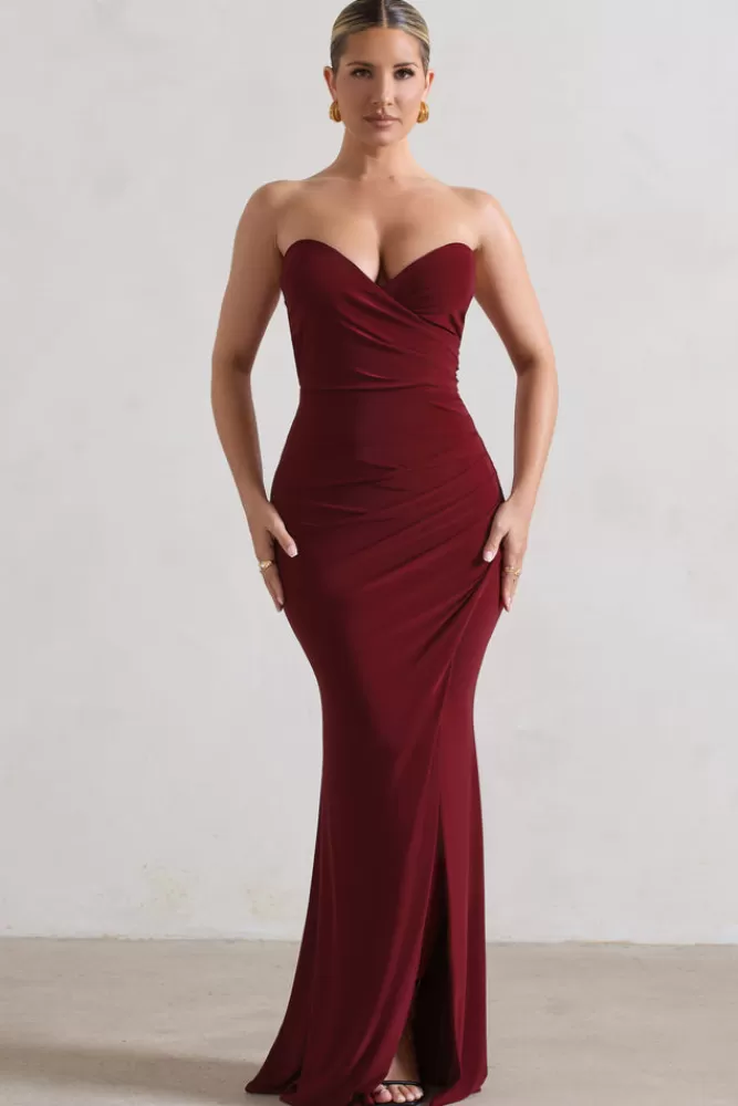 Club L London Saphira | Gathered Corset Style Split Maxi Dress BERRY New