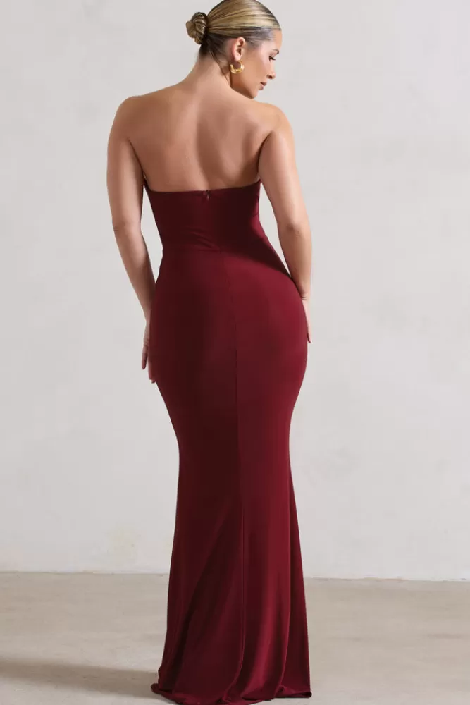 Club L London Saphira | Gathered Corset Style Split Maxi Dress BERRY New