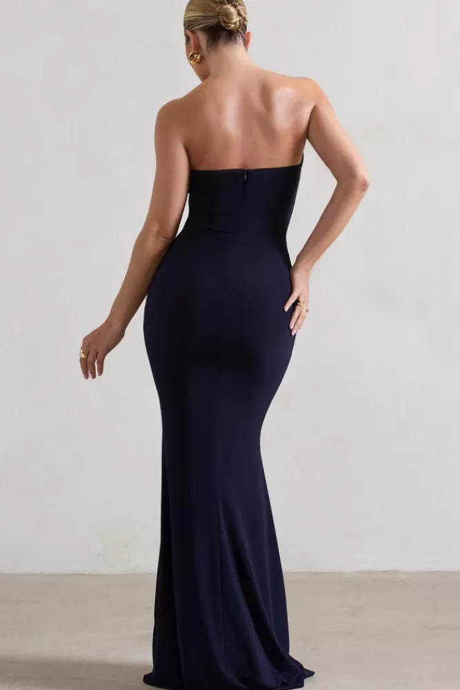Club L London Saphira | Gathered Corset Style Split Maxi Dress NAVY Cheap