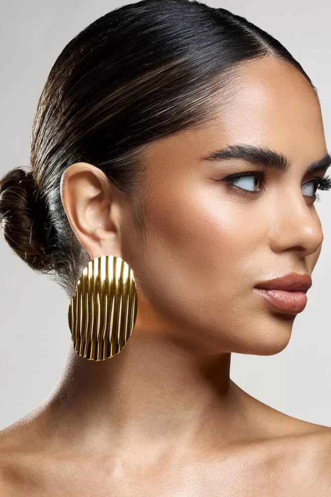 Club L London Sarla | Textured Ribbed Statement Oval Earrings GOLD Best