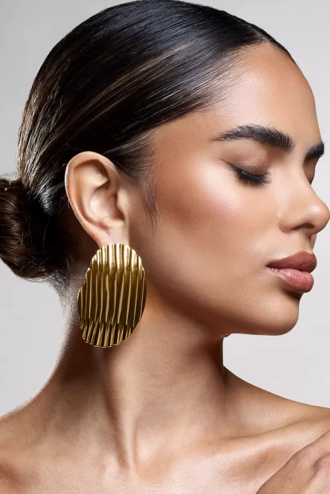 Club L London Sarla | Textured Ribbed Statement Oval Earrings GOLD Best