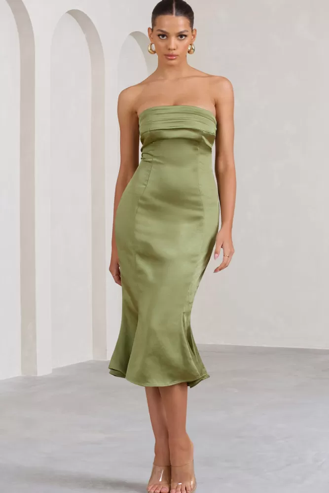 Club L London Sauvignon | Satin Bandeau Midi Dress With Cowl Back OLIVE Cheap