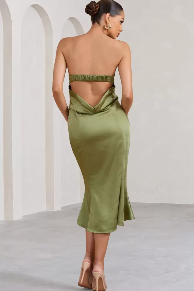 Club L London Sauvignon | Satin Bandeau Midi Dress With Cowl Back OLIVE Cheap