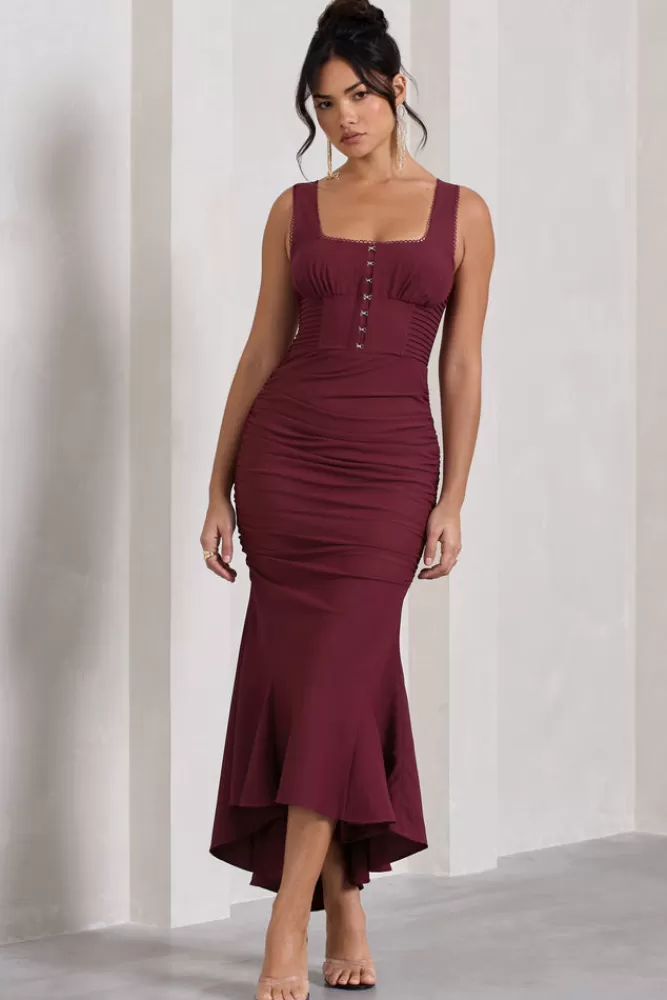 Club L London Savannah | Square-Neck Corset Fishtail Maxi Dress BURGUNDY Best Sale