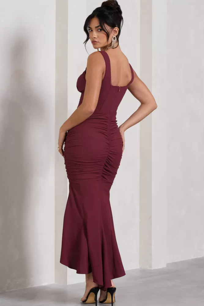 Club L London Savannah | Square-Neck Corset Fishtail Maxi Dress BURGUNDY Best Sale
