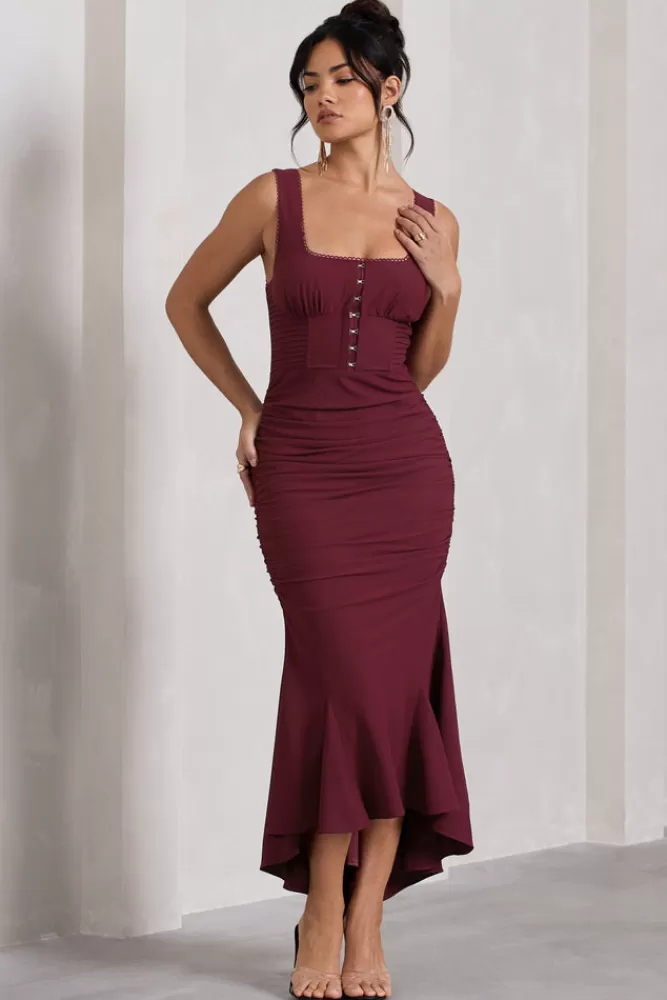 Club L London Savannah | Square-Neck Corset Fishtail Maxi Dress BURGUNDY Best Sale