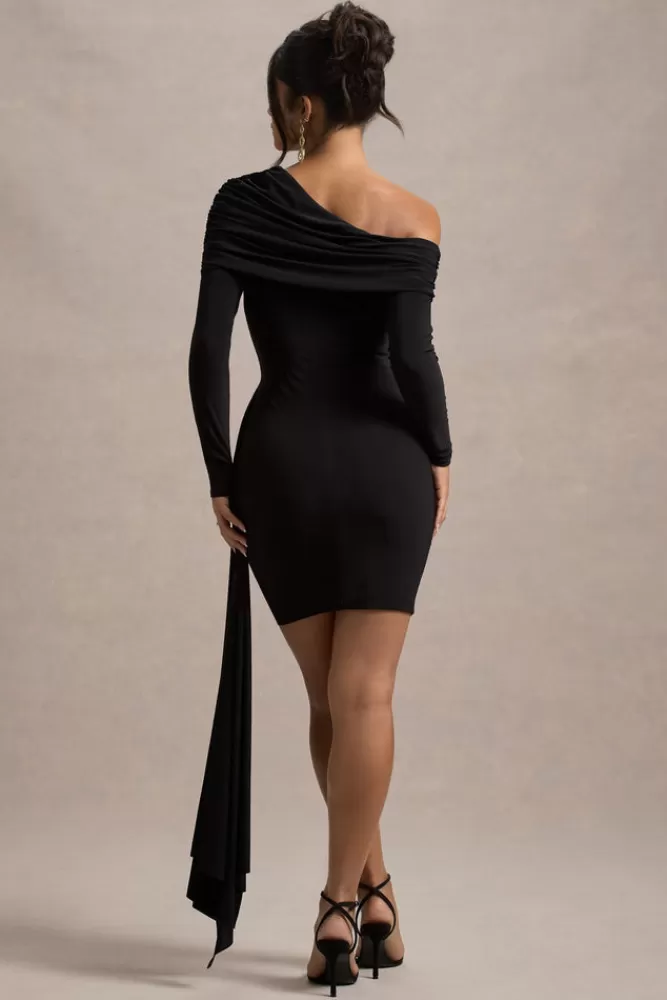 Club L London Savita | Ruched Asymmetric Mini Dress With Drape BLACK Cheap