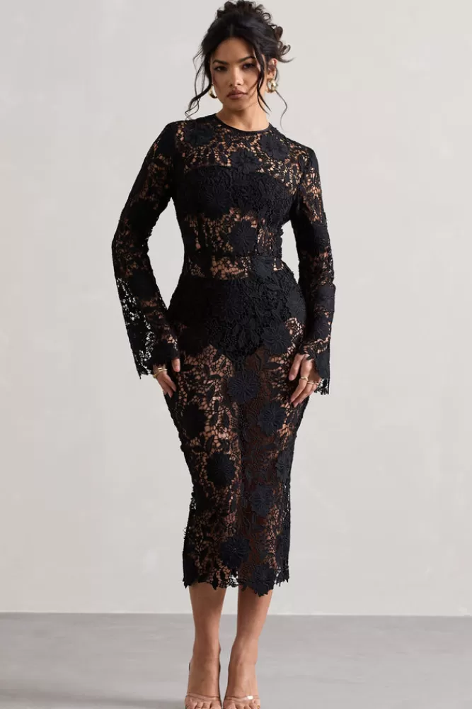 Club L London Scandal | Lace Long-Sleeved Midi Dress BLACK Fashion