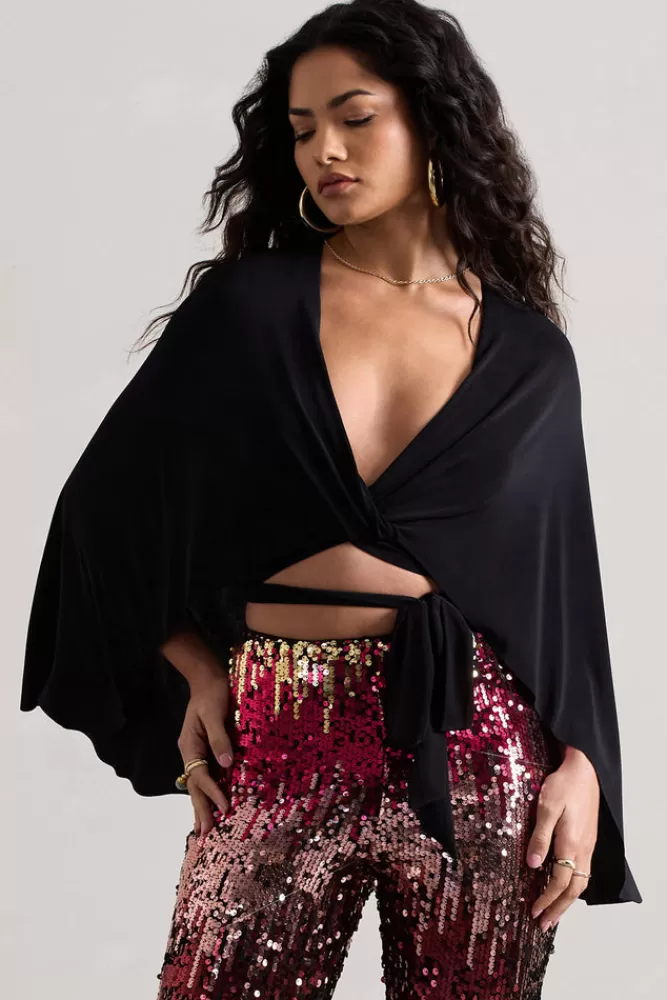 Club L London Scorpio | Wrap Crop Top With Cape BLACK Shop