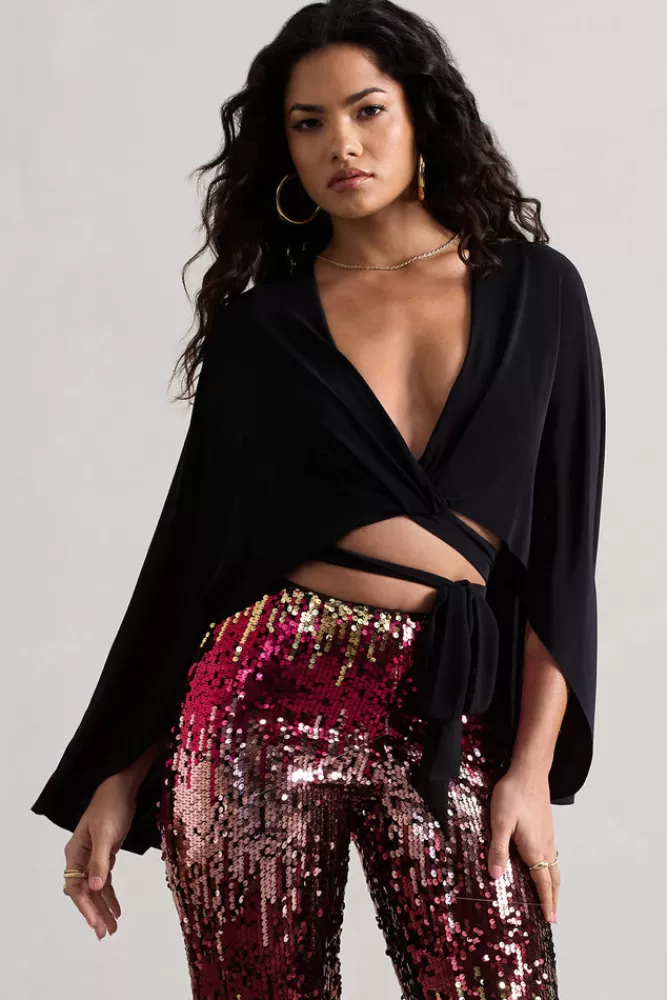Club L London Scorpio | Wrap Crop Top With Cape BLACK Shop