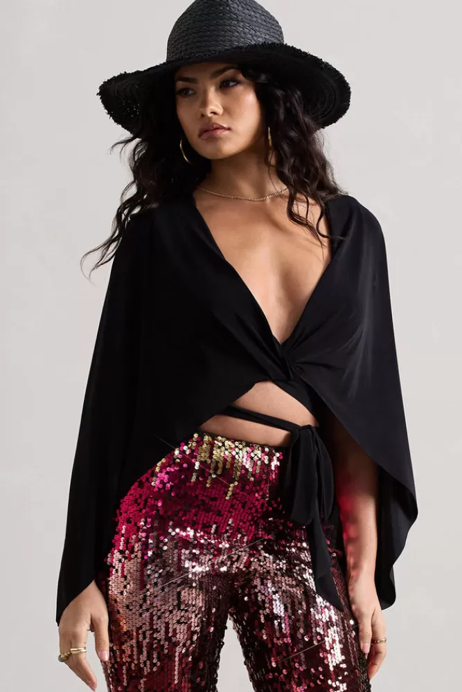 Club L London Scorpio | Wrap Crop Top With Cape BLACK Shop
