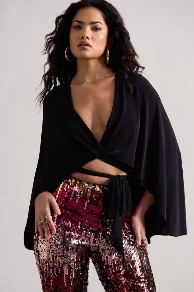 Club L London Scorpio | Wrap Crop Top With Cape BLACK Shop