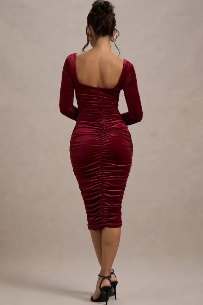 Club L London Seductress | Velvet Square Neck Bodycon Midi Dress With Long Sleeves Berry Online