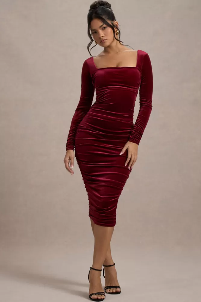 Club L London Seductress | Velvet Square Neck Bodycon Midi Dress With Long Sleeves Berry Online