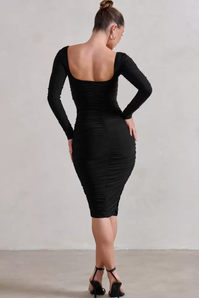 Club L London Seductress | Long Sleeve Square Neck Ruched Midi Dress Black Cheap